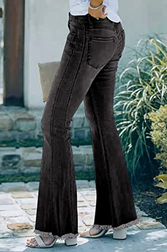 Necooer Womens Plus Size Destroyed Flare Jeans Elastic Waist Bell Bottom Raw Hem Denim Pants Slim Fit (XX-Large,A-Black)3