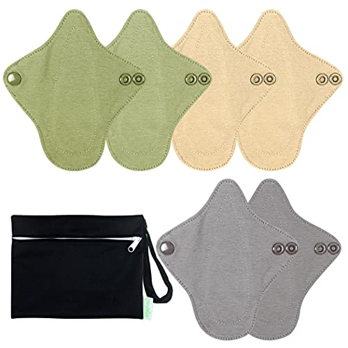 wegreeco 6 Pcs Reusable Menstrual Pads, Ultra Thin Pantiliners for Thongs, Cotton Cloth Pads, Bladder Liners for Teens, Women, Nonslip Thong Pantiliners + 1 Pc Wet Bag(Mustard Yellow, Grey, Beige, XS)