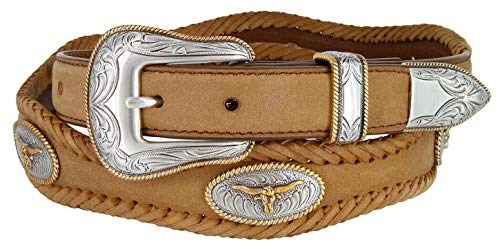 Longhorn Steer/Gold Star Conchos Ranger Belt Western Cowboy Cowgirl Genuine Leather Braided Belt, Size Up to 60
