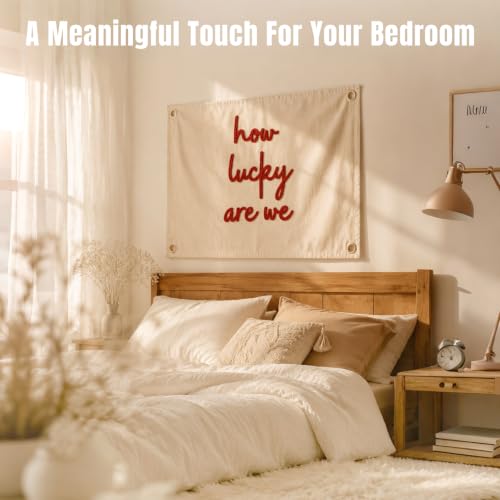 Image of How Lucky Are We Embroidered Banner, Fabric Wall Hanging Decor