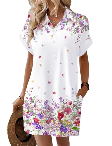 Image of HOTOUCH Womens Summer Shirt Dress 2026 Short Sleeve Floral Shift Dress Casual Loose Flowy Beach Sundress with Pockets