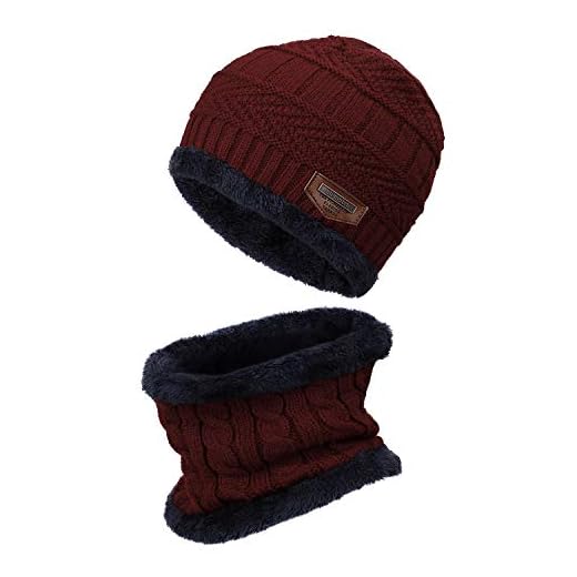 Ensemble Bonnet et Écharpe en Tricot D'hiver pour Enfant Slouchy Chaud Sports de Plein Air Écharpe et Chapeau pour 5-12 Ans Garçons Filles, Vin Rouge