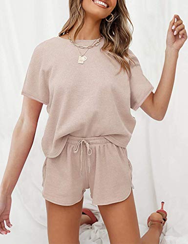 Merokeety Women's Short Sleeve Waffle Pajama Sets Lounge Top And Shorts 2 Piece Tracksuit Outfits, Shortbeige, S #TOP2