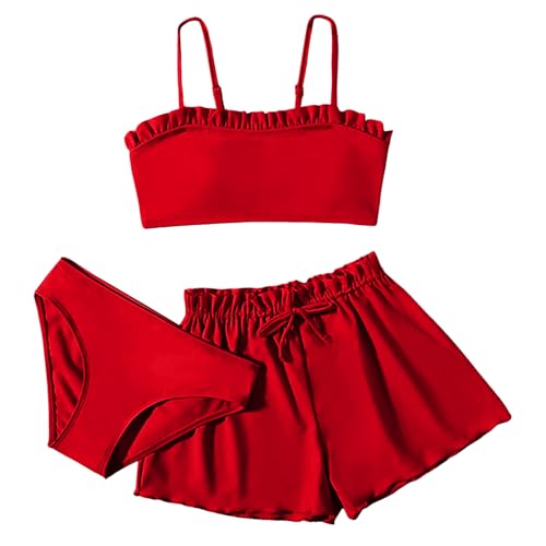 2024 AI – Traje de baño de 3 piezas para niña – Bikini sólido – Rullfe – Bañador – Conjunto de bikini para niña trajes de baño esculpiendo niña, rojo, 10-12 Años