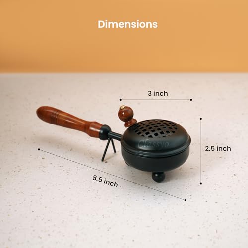 Image of Classyo Metal Dhoop Holder with Wooden Handle | Dhup Dani Loban Burner | Sambrani Dhoop Stand | Doopam Sambrani Holder for Puja | Loban Dhuni Burner (3 inch, Black, Round)