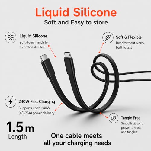 Image of 240W USB C to USB C Cable | 1.5M Silicone Flat Type C to Type C | Fast Charging Cable | Silicone | Detangled | PD Data Transfer | E-marker Chip | Compatible for Macbook, iphone, Samsung