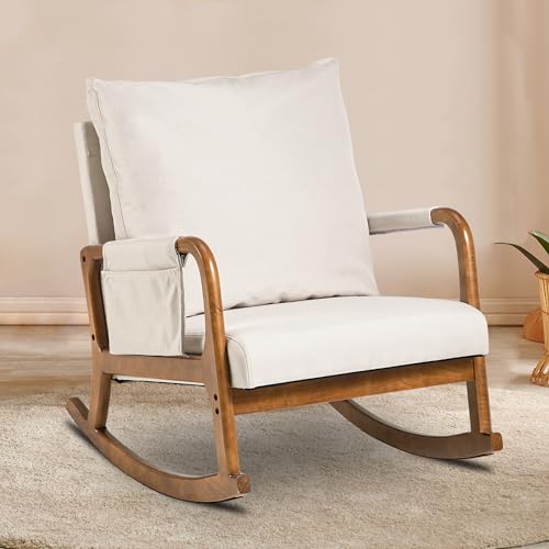 Image of AHB Rocking Chair Nursery, Cotton Linen Upholstered Glider Rocker with Heightened Cushion，Accent Comfy Armchair Chair for Living Room, Bedroom，Nursing Room