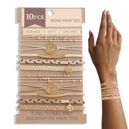 Image of 10 Boho Bracelets, Braided & Stretch Hair Ties for Thick/Thin Hair, 5 Styles, Light Coffee Colors - No Damage Ponytail Holders