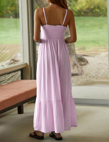 Image of R.Vivimos Womens Summer Boho Cotton Maxi Dress Adjustable Spaghetti Strap Elastic Smocked Casual Ruffle Hem Flowy Beach Dress