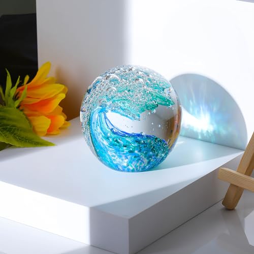 Qianwei Hand Blown Ocean Waves Crystal Ball - Glass Collectible Figurines Spere - Paperweight Glass Ball Aquarium DecorOffice Decor Ocean Lovers - Image 3
