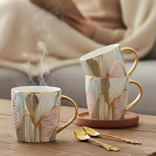 Image of Clay Craft Fine Ceramic Tea Cups Set of 6| 140 Ml Gold Print Cups with Handle | Elegant Design for Tea| Coffee| Home| Office & Gifting
