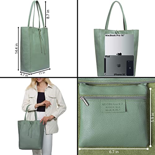 Image of Genuine Italian Leather Tote Bag for Women, Large Slouchy Purse, Sage Green | Unstructured bag, raw unlined interior with zip pocket, top zipper, side ties, folds flat, fits a 16-inch laptop, lightweight
