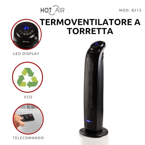 Ariete 8213 Termoventilatore a torretta, 2200W, 3 velocità, Timer fino a 8 ore, Funzione ventilazione, Funzione oscillazione, Tecnologia ceramica, Led display, Nero - Immagine 1