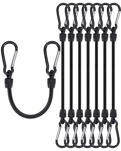 LUCKY STRAPS 8 Pcs 12 Inch Short Small Bungee Cords with Aluminum Alloy Carabiner Hooks, Black Mini UV Resistant Bungee Straps with Superior Elasticity, Great for Cargo, Bike, Kayak Boat, Luggage, etc