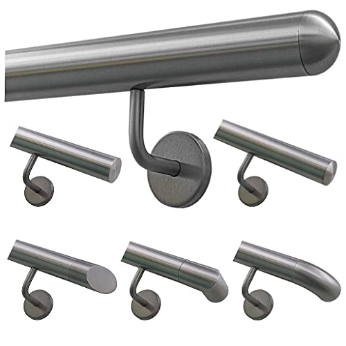 TIBU Handlauf Geländer Edelstahl Ø 42,4 mm - Länge 160 cm - Ende halbrunde Kappe und gewinkelte Halter - Rostfrei für Außen und Innen