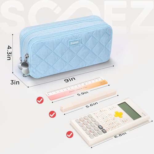 Image of Sooez Large Pencil Case Pouch, Extra Big Pencil Bag with 8 Compartments, Pen Bag Wide Opening, Soft Quilted Pencil Pouch Organizer with Zipper, Portable Pencil Case for Teen Girls, Sky Blue