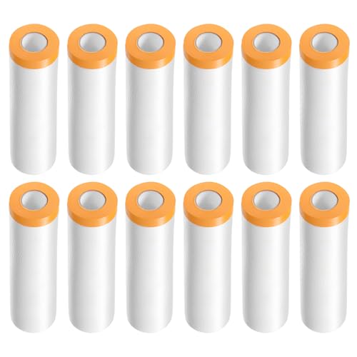 Image of HARFINGTON 12 Rolls Pre-Taped Masking Film 118.1 inch x65.6ft Tape and Drape Painters Plastic Drop Cloth Film with Tape Plastic Sheeting for Automotive Painting Covering
