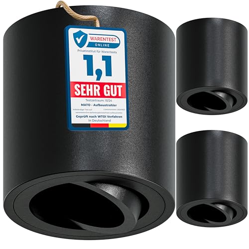 MATO 3x Aufbauspot GU10 schwarz - 30&deg; schwenkbar - &Oslash;80x84mm - Aufbaustrahler mit GU10 Fassung - Aluminium Deckenspots Aufputz 230V, Aufbau Spots Decke, Aufbauleuchte - ohne Leuchtmittel