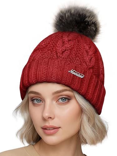 Neverless® Damen Strickmütze mit Pompom Zopfstrickmuster Bommelmütze gefüttert mit Fleece Wintermütze Model 1979 Rot Unisize