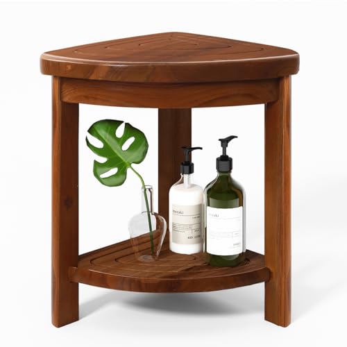 JOLLYMER Teak Shower Stool with Shelf for Shaving Legs, Small Corner Bench for Foot Rest, Solid Wood Stool Near Bathtub