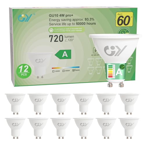 GY Bombilla Led GU10 4W(Equivalente a 60W), Luz Blanca Fría 6500K, 720 Lúmenes, Ángulo de haz de 110°, No Regulable, Bombilla Bajo Consumo Clase A, Pack de 12