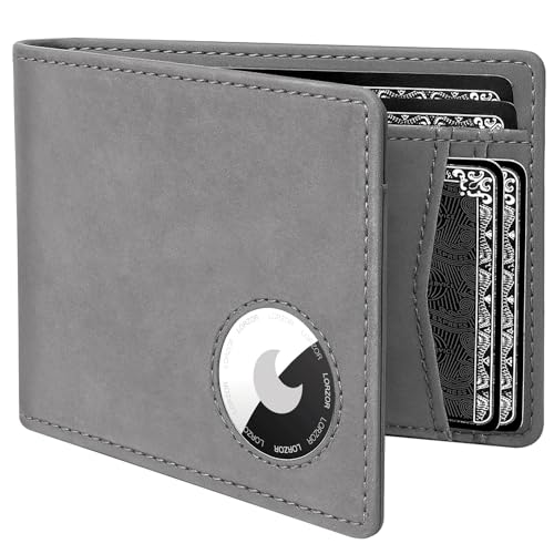 LORZOR Mens Wallet with AirTag Holder, Bifold Full Grain Leather RFID Blocking AirTag Wallet with ID Window Gifts for Men, Dad, Husband, up to 12 Cards