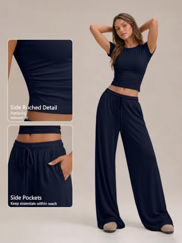 Image of Trendy Queen 2 Piece Matching Summer Lounge Set Womens Side Ruching Top Wide Leg Pants Sets with Pockets
