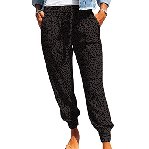 Womens Tapered Pants Leopard Print Drawstring Elastic High Waist Long Pants Loose Soft Casual Trousers with Pockets