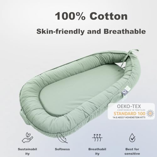 Image of Infant Lounger, Baby Nest Cover for Baby Girls & Boys, Portable Baby Support Cushion, Newborn Essentials for Baby 0-12 Months, 100% Cotton Breathable, Travel Baby Lounger (Spring Green)