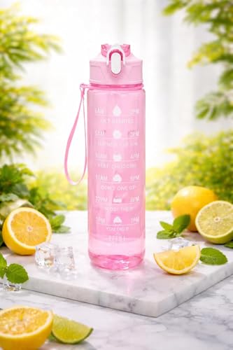 Image of RKZ 900 ML Capacity Belt Straw Transparent Motivational Water Bottles|Time Marker Leak Proof&Break-Proof|Best Usage For Office /School /Gym /Travel Bottle|Bpa-Free Fitness Sports Bottle (MULTICOLOR)