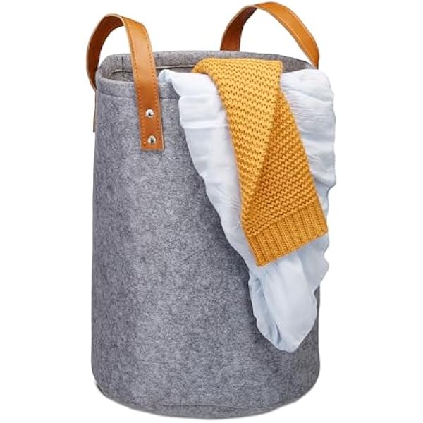 Relaxdays Kosz na pranie z filcu, uchwyty do noszenia ze skóry PU, kosz do przechowywania 28 l, do pokoju dziecięcego, łazienki, wys. x śr. 45 x 30 cm, antracytowy, 1 sztuka