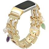 C&L Accessories Compatible with Fitbit Charge 6 Bands/Fitbit Charge 5 Bands for Women Metal Leather Bracelet Adjustable Replacement Bands Bangle Band with Charms (Gold/White/Beads)