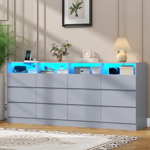 Image of Loomie 12-Cell Divided Drawers Grey Dresser with Charging Station & Led Lights for Bedroom, Long 63 inch Wide Dresser TV Stand for TVs up to 75 inch, Large Dressers Organizer with 4 Open Cubbies