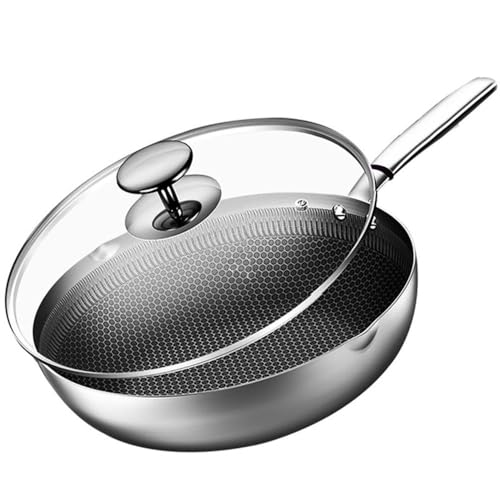QUSYZD - QUSYZD Woks et sauteuses Wok antiadhésif en Acier Inoxydable de 30 cm avec Couvercle, poêle avec poignée Isolante, poêle Plate sans revêtement Chimique, pour Induction, céramique,