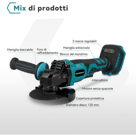 Smerigliatrice Angolare Brushless 125mm, 2in1, 3 Velocità Regolabili, 388Vf 4000mAh ×2 Batterie, 12000RPM, Compatibile con Batteria Makita, con Valigetta e Accessori