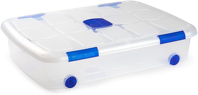 Storage box under transparent PVC bed with lid and wheels and mot...