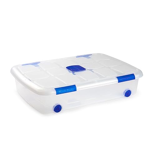 Caja de almacenaje bajo Cama de PVC Transparente con Tapa y Ruedas y antipolillas de 42 litros 55x73x16 cm