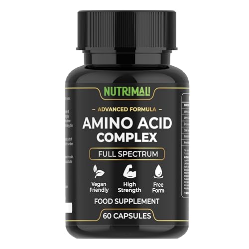 Amino Acid Supplements Full Spectrum All BCAA EAA + Vitamin C & Botanical Blend High Strength Free Form 60 Vegan Capsules | By NutriMali
