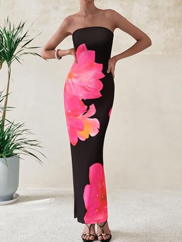 PRETTYGARDEN Women Summer Strapless Maxi Dress Bodycon Floral Sexy Long Wedding Guest Dress Formal Tube Mesh Cocktail Dresses3