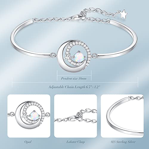 Fancime White Opal Bracelets October Birthstone 925 Sterling Silver Moon And Star Bangle Charm Bracelet Fine Jewelry Birthday Christmas Gift For Women Girls Her Mom, Adjustable Chain 6.7"+1.2" #TOP4