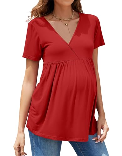 hohololo T-shirt à manches courtes pour la maternité avec col en V - Hauts de grossesse pour femmes enceintes, Rose 2., L