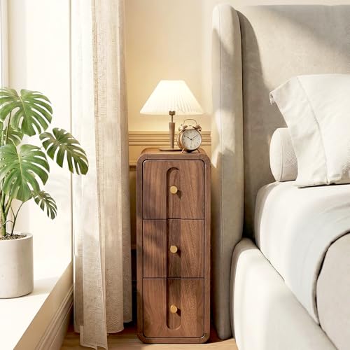 Image of Narrow Nightstand with 3 Drawers, Small Bedside Table, Mid Century Modern Skinny Night Stand with Storage, Wood Slim Side Table for Bedroom, Small Spaces, Living Room (Walnut-1pcs)