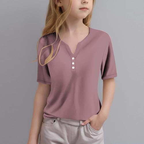 Girls Short Sleeve Henley Shirts V Neck Button Down Cute Tops Solid Color Basic Casual T-Shirts for Summer2