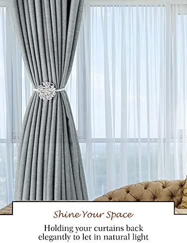 Shinowa 2-Pack Magnetic Curtain Tiebacks, Crystal Window Curtain Decorative Clips, No Drilling Drapery Holdbacks Flower Curtain Holder for Home Office Room Decor, 5 Petals, Silver
