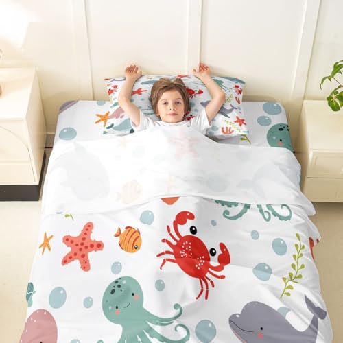 Image of jejeloiu Dolphin Bed Sheets Sets Twin Size Kids Boys Girls Jellyfish Crab Starfish Bedding Set Ocean Bed Sheet Set with 16-Inch Deep Pockets 3Pcs with 1 Pillow Cases