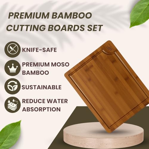 Bamboo Cutting Board for Kitchen, set of 3, Wooden Chopping Board Set with Deep Juice Grooves & Built-In Handles, Knife-Safe Wooden Chopping Boards for Meats, Veggies & Fruits by Feast and Fancy - Image 6