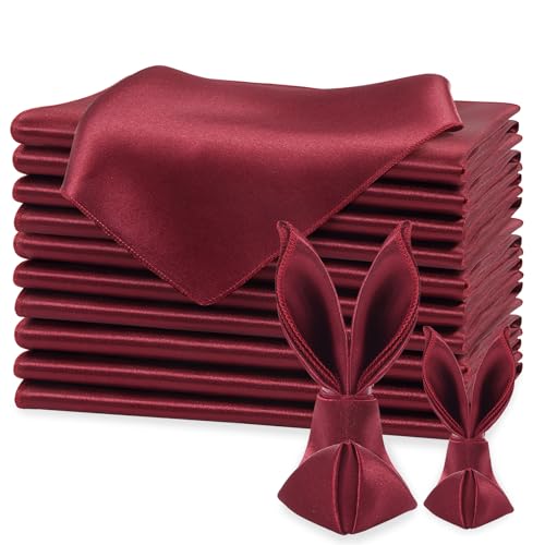 KKJIAF Lot de 12 Serviettes de Table carrées en Satin Soyeux lavables en Polyester pour décoration de Mariage, dîner, fête, Bordeaux - 43,2 x 43,2 cm