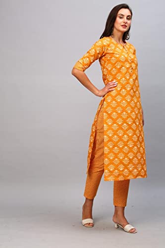 Image of GoSriKi Women's Cotton Blend Printed Straight Kurta With Pant