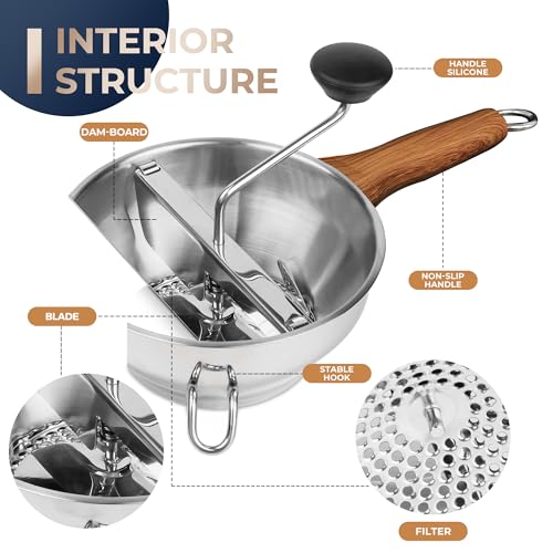Stainless Steel Food Mill With 3 Milling Discs,Ergonomic design Rotary hand crank,Wood Grain Handle Food Mills For Tomato Sauce,Potatoes,Jams,With Funnel,Multifunctional Spoon,Blue MW-N02