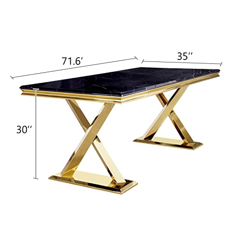 Acedécor Dining Table, Rectangular Dining Room Table For 6, Black Top And Gold Metal X-Base #TOP2
